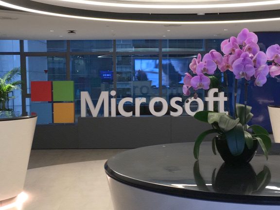 The Microsoft logo at the new Singapore office.
